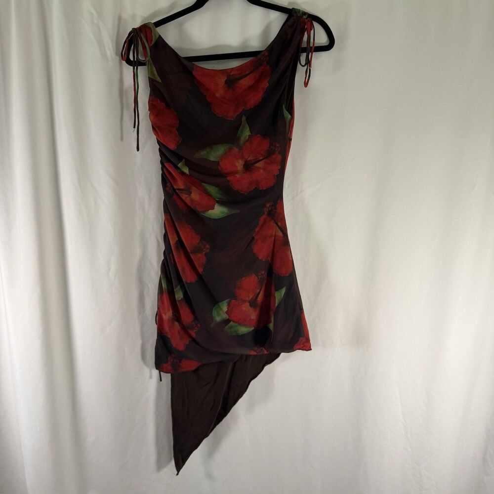 Princess Polly Mini Dress Women's 6 Red Brown Floral Sleeveless Ruched Tie Sided